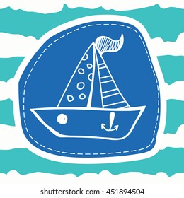 Abstract cute toy hand drawn boat. Baby t-shirt design on a striped blue background. T-shirt graphics.