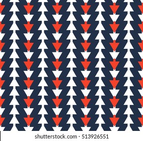 Abstract cute triangle arrow with red and white on blue background pattern seamless backdrop wallpaper. Vector image