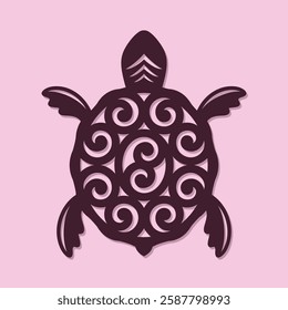 Abstract cute turtle with decorative shell. Simple flat drawing of an aquatic animal. Template for plotter laser cutting of paper, fretwork, wood carving, metal engraving, cnc. Vector illustration.