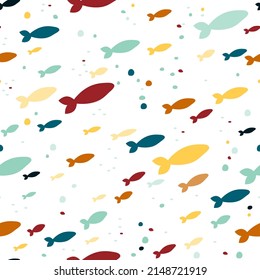 Abstract cute underwater life seamless pattern. Childish funny fish print in flat cartoon style. Vector undersea pattern