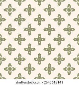 Abstract cute vector seamless pattern. Simple floral ornament with bold funky flower silhouettes. Vintage 1960s - 1970s inspired texture. Retro nostalgic green and beige background. Repeating design