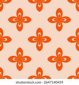 Abstract cute vector seamless pattern. Simple floral ornament with bold funky flower silhouettes. Orange and pink summer texture. Retro nostalgic old-fashioned groovy background. Repeated geo design