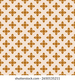 Abstract cute vector seamless pattern. Simple floral ornament with bold funky flower silhouettes. Vintage 1960s - 1970s inspired texture. Retro nostalgic brown and beige background. All-over design