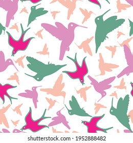 Abstrakte, süße Vektorsilhouette bunter Kolibris, nahtloser Musterhintergrund. Geeignet für Stoffe, Hintergrundmuster, Verpackungen, Tapeten, Geschenkverpackungen und andere Design-Projekte. 