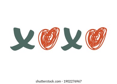 Abstract cute XOXO message with doodle or scribble hearts as a decorative element for romantic trendy design for Valentines Day celebration. Isolated vector illustration