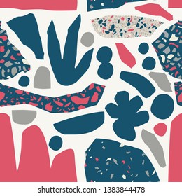 Abstract cutout flower, leaf, terrazzo flooring elements seamless pattern. Turned edges geometric shapes background for creative surface design. Digital vector art illustration in black, pink colors