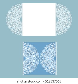 Abstract cutout openwork filigree template for wedding invitation or greeting card. Suitable for laser cutting. Decorative lazercut lace design element. Lace folds. Gate fold wedding invitation mockup