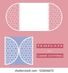 Abstract cutout openwork filigree template for wedding invitation or greeting card. Suitable for laser cutting. Decorative lazercut lace design element. Lace folds. Gate fold wedding invitation mockup