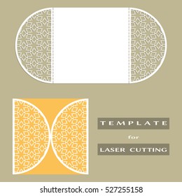 Abstract cutout openwork filigree template for wedding invitation or greeting card. Suitable for laser cutting. Decorative lazercut lace design element. Lace folds. Gate fold wedding invitation mockup
