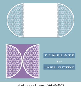 Abstract cutout openwork filigree template for wedding invitation or greeting card. Suitable for laser cutting. Decorative laser cut lace design element. Lace folds. Gate fold invitation mock up
