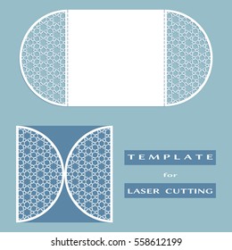 Abstract cutout openwork filigree template for wedding invitation or greeting card. Suitable for laser cutting. Decorative laser cut lace design element. Lace folds. Gate fold invitation mock up