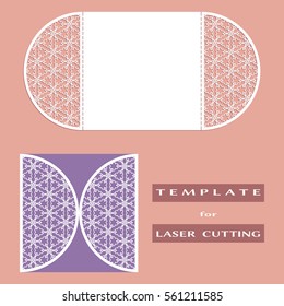 Abstract cutout openwork filigree template for wedding invitation or greeting card. Suitable for laser cutting. Decorative laser cut lace design element. Lace folds. Gate fold invitation mock up