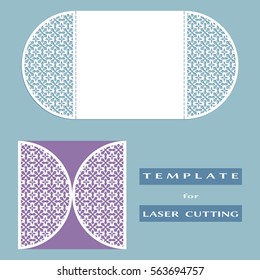 Abstract cutout openwork filigree template for wedding invitation or greeting card. Suitable for laser cutting. Decorative laser cut lace design element. Lace folds. Gate fold invitation mock up