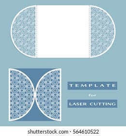 Abstract cutout openwork filigree template for wedding invitation or greeting card. Suitable for laser cutting. Decorative laser cut lace design element. Lace folds. Gate fold invitation mock up