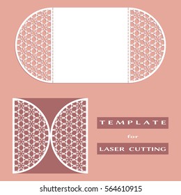 Abstract cutout openwork filigree template for wedding invitation or greeting card. Suitable for laser cutting. Decorative laser cut lace design element. Lace folds. Gate fold invitation mock up