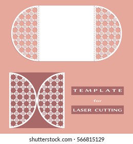 Abstract cutout openwork filigree template for wedding invitation or greeting card. Suitable for laser cutting. Decorative laser cut lace design element. Lace folds. Gate fold invitation mock up