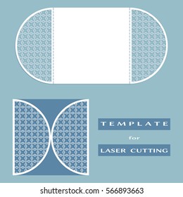 Abstract cutout openwork filigree template for wedding invitation or greeting card. Suitable for laser cutting. Decorative laser cut lace design element. Lace folds. Gate fold invitation mock up