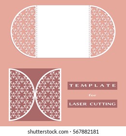Abstract cutout openwork filigree template for wedding invitation or greeting card. Suitable for laser cutting. Decorative laser cut lace design element. Lace folds. Gate fold invitation mock up