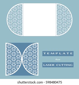 Abstract cutout openwork filigree template for wedding invitation or greeting card. Suitable for laser cutting. Decorative laser cut lace design element. Lace folds. Gate fold invitation mock up