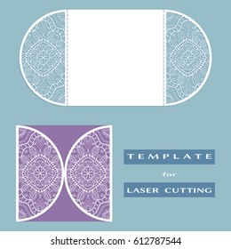 Abstract cutout openwork filigree template for wedding invitation or greeting card. Suitable for laser cutting. Decorative laser cut lace design element. Lace folds. Gate fold invitation mock up