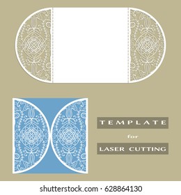 Abstract cutout openwork filigree template for wedding invitation or greeting card. Suitable for laser cutting. Decorative laser cut lace design element. Lace folds. Gate fold invitation mock up