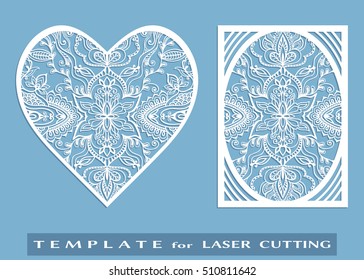Abstract cutout panel and heart for laser cutting. Vector openwork filigree template for wedding invitation, greeting card, envelope. Interior decorative element with lace ornament
