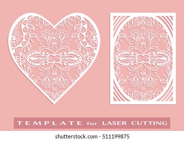 Abstract cutout panel and heart for laser cutting. Vector openwork filigree template for wedding invitation, greeting card, envelope. Interior decorative element with lace ornament