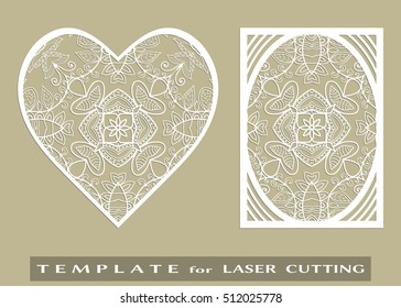 Abstract cutout panel and heart for laser cutting. Vector openwork filigree template for wedding invitation, greeting card, envelope. Interior decorative element with lace ornament