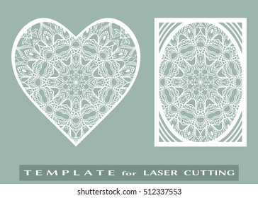 Abstract cutout panel and heart for laser cutting. Vector openwork filigree template for wedding invitation, greeting card, envelope. Interior decorative element with lace ornament