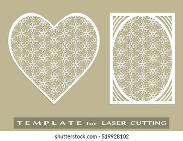 Abstract cutout panel and heart for laser cutting. Vector openwork filigree template for wedding invitation, greeting card, envelope. Interior decorative element with lace ornament