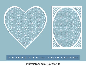 Abstract cutout panel and heart for laser cutting. Vector openwork filigree template for wedding invitation, greeting card, envelope. Interior decorative element with lace ornament
