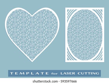 Abstract cutout panel and heart for laser cutting. Vector openwork filigree template for wedding invitation, greeting card, envelope. Interior decorative element with lace ornament