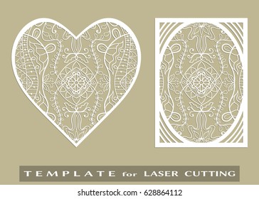 Abstract cutout panel and heart for laser cutting. Vector openwork filigree template for wedding invitation, greeting card, envelope. Interior decorative element with lace ornament