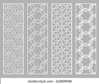 Paneles de corte abstracto para corte láser. Modalidades de bordes de encajes blancos decorativas. Ornamentos de línea geométrica tribal de origen árabe, indio, turco y turco, se han establecido plantillas de marcadores. Elementos de diseño aislados