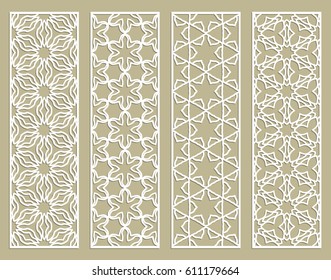 Abstract cutout panels for laser cutting. Decorative white lace border patterns. Tribal ethnic arabic, indian, turkish geometric line ornaments, bookmarks templates set. Isolated design elements