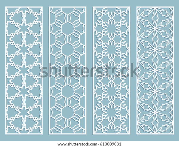 Abstract cutout panels for laser cutting.\
Decorative white lace border patterns. Tribal ethnic arabic,\
indian, turkish geometric line ornaments, bookmarks templates set.\
Isolated design\
elements