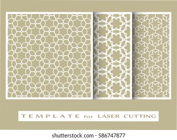Abstract cutout panels set for laser cutting. Vector openwork filigree template for wedding invitation, greeting card, envelope. Interior decorative element with lace ornament