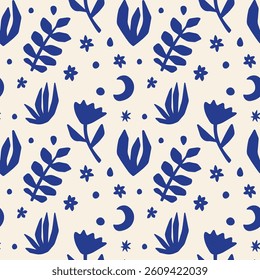 Abstract cutouts shapes seamless pattern design with vector illustration elements of different types exotic leaves and flowers folk plants, nature, geometric silhouette in boho aesthetic