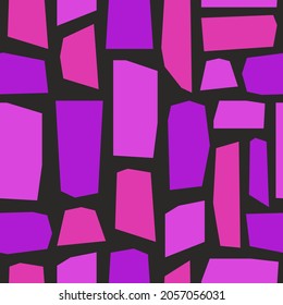 Abstract cutting creative seamless pattern on black background. Trendy hand drawn geometric shapes in bright violet colors. Vector illustration	