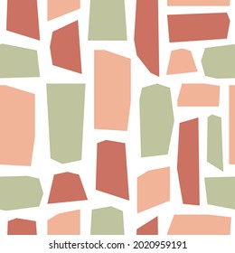 Abstract cutting minimal creative  seamless pattern  on white background. Trendy various geometric shapes in pastel colors. Vector illustration