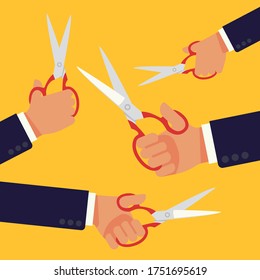 Abstract cutting process concept vector illustration with multiple hands holding scissors pointed in different directions. Ideal for business and financial crisis themed media