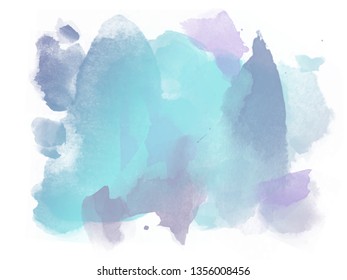 Abstract cyan blue to violet gradient watercolor smudge and splash vector background on white paper