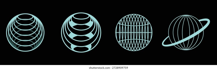 Abstrakter türkiser Globus und sphärische geometrische Formen auf schwarzem Hintergrund