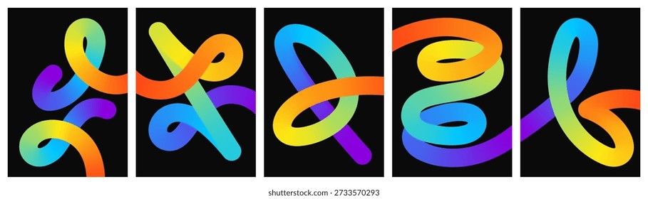 Curvas de gradiente de fluido 3D ciano e roxo abstrato em fundo escuro