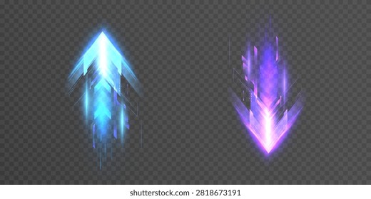 Abstract cyber digital arrows collection with light trail. Sci-fi neon pointer icons. Cyan progress boost and violet decrease motion speed lines. Realistic vector illustration.