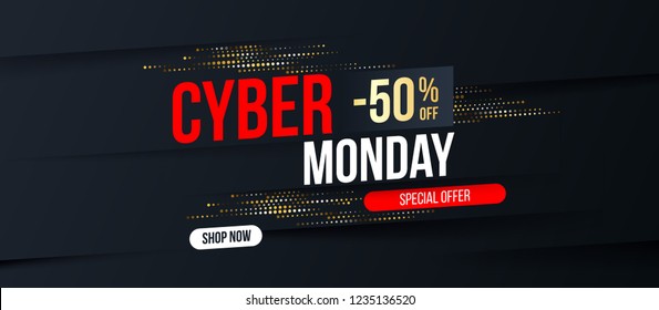 Abstract Cyber Monday banner with gold halftone glitter effect for special offers, sales and discounts. Promotion and shopping template for Cyber Monday 50% off