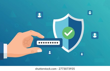 Abstract cyber security background with hand entering password, shield with green checkmark for secure access. Perfect for online safety, password management, encryption, and account protection designs