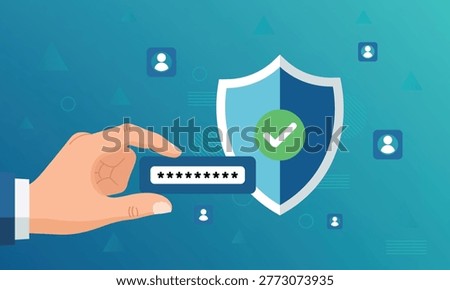 Abstract cyber security background with hand entering password, shield with green checkmark for secure access. Perfect for online safety, password management, encryption, and account protection designs