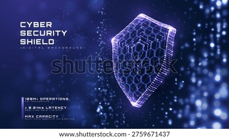 Abstract cyber security background showing digital shield. Modern data protection concept with glowing neon hexagon grid. Vector illustration.