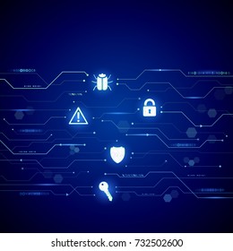 Abstract cyber security concept style. Data protection vector illustration. Circuit board texture on the blue background.